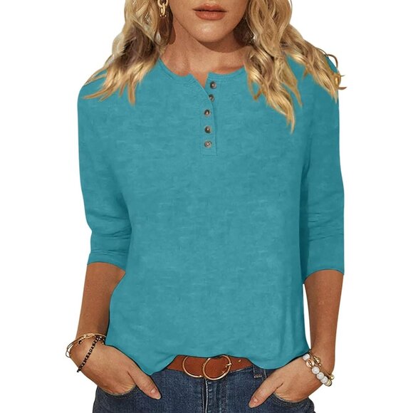 Tops - Women's Cotton Spandex Crew Neck 3/4 Sleeve Top Casual Blouse